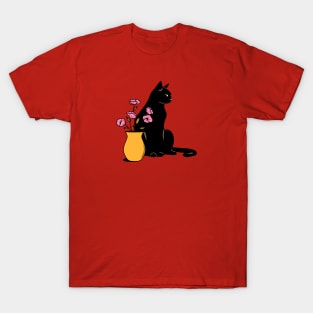 Playful Black Cat in orange T-Shirt